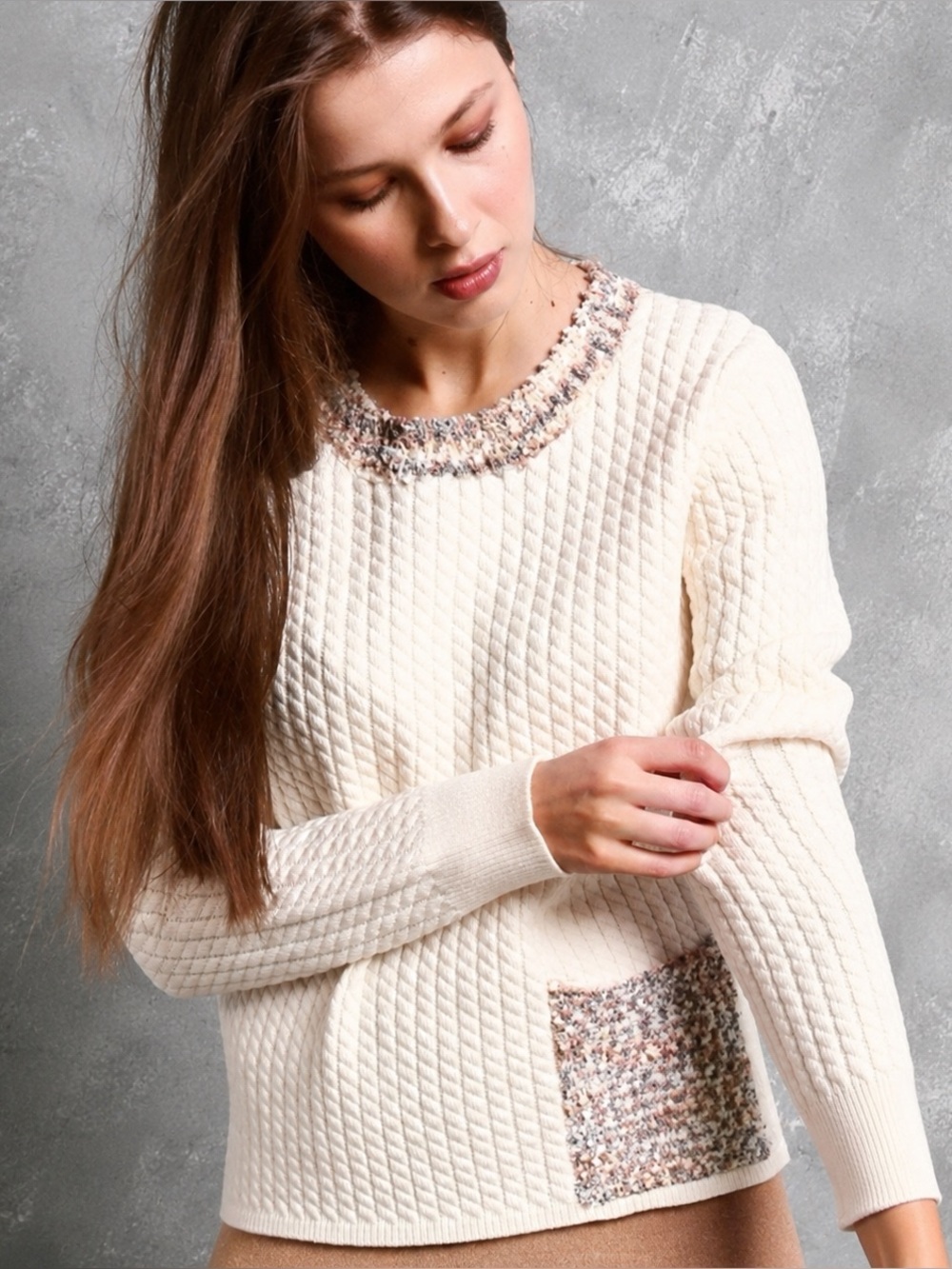Maude‎ Vivante Zena Cable Knit Boucle Trim Pullover Sweater